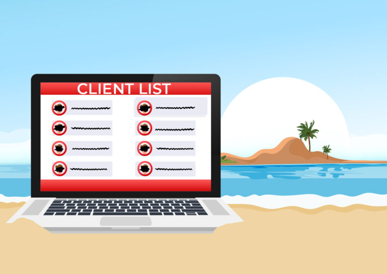 Laptop sitting on a sandy shore with an island in the background, its screen showing a red-titled client list filled with anonymous silhouette icons and obscured names