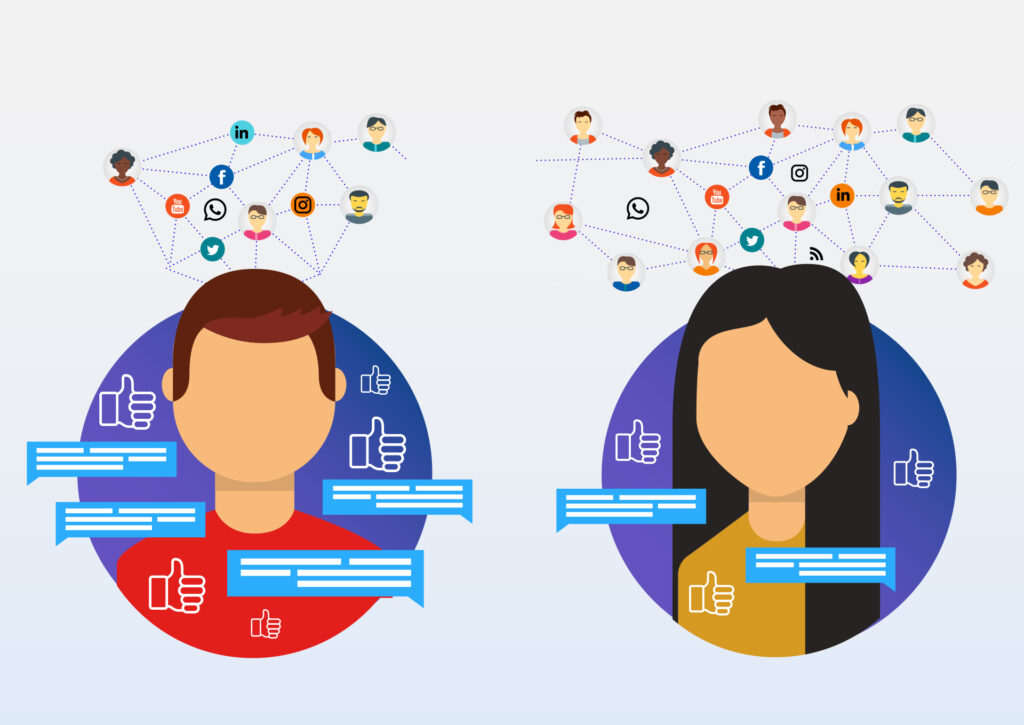 Two illustrated users surrounded by comment bubbles, thumbs-up icons, and interconnected social media platform icons representing engagement and reach
