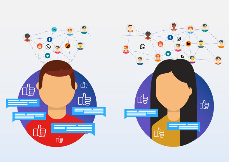 Two illustrated users surrounded by comment bubbles, thumbs-up icons, and interconnected social media platform icons representing engagement and reach