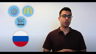 Man standing beside Pepsi, McDonald's, Nestlé logos and Russian flag, illustrating brands impacted by the Russia boycott