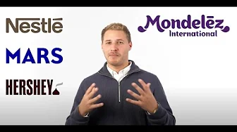 Presenter gesturing with hands in front of confectionery company logos Nestlé, Mars, Hershey, and Mondelēz International