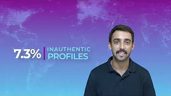 Presenter beside graphic reading 7.3% inauthentic profiles on purple-blue world map background