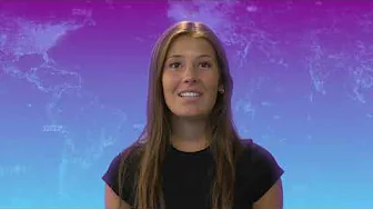 Female presenter in a stylized deepfake video against a purple-blue gradient world map background