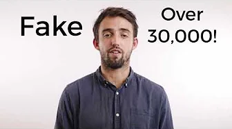 Man in button-down shirt against white backdrop with on-screen text reading “Fake” and “Over 30,000!”