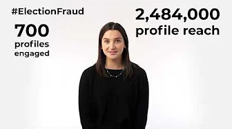 Woman in black top on white background next to text displaying #ElectionFraud with 700 profiles engaged and 2,484,000 profile reach