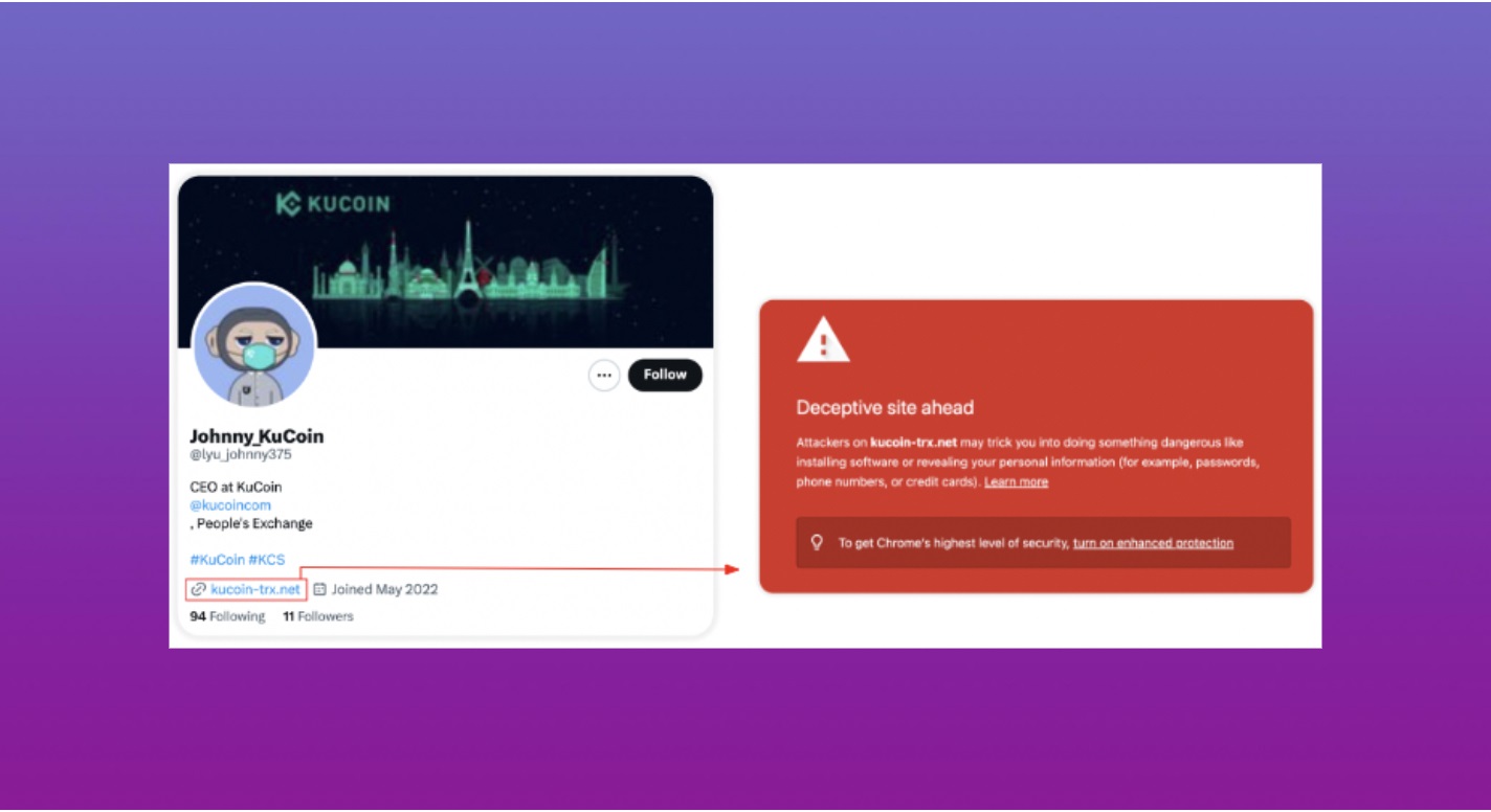 Fake Twitter account impersonating KuCoin’s CEO displays a phishing link alongside a Chrome red warning page that labels the destination site as deceptive