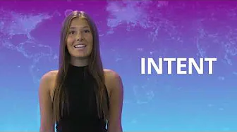 Smiling presenter in a sleeveless black top standing before a purple-to-blue world map background with the word 'INTENT' beside her