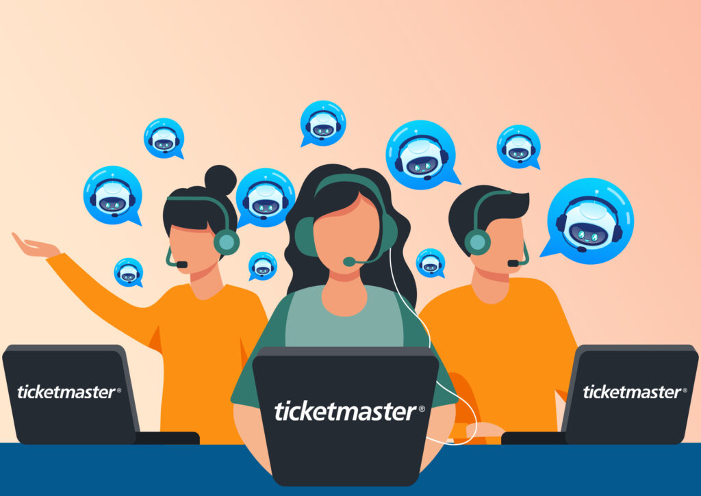 Three customer support agents using Ticketmaster-branded laptops, surrounded by speech bubbles containing robot icons, symbolizing fake bot accounts impersonating Ticketmaster