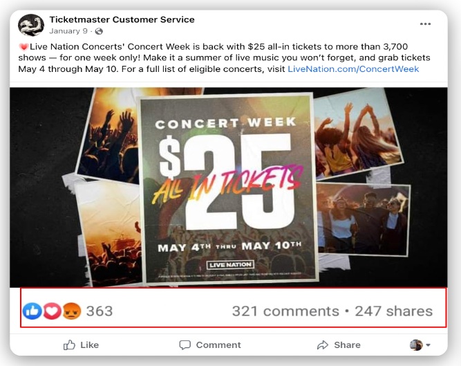 Fake Facebook post from “Ticketmaster Customer Service” promoting Live Nation Concert Week all-in tickets, featuring a large graphic and showing reaction, comment and share counts