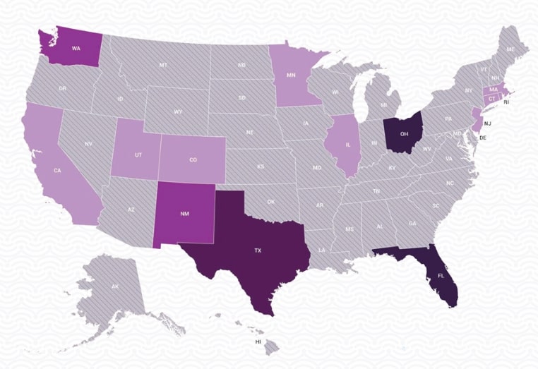United States map with states shaded in varying purple tones indicating strength of media-literacy legislation and initiatives, with Texas, Washington, New Mexico, Ohio, Florida and several northeastern states shown in the darkest shade