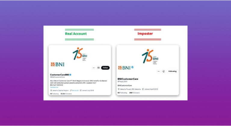 Comparison of Bank Negara Indonesia genuine customer care Twitter profile and a fake impersonator account, with green and red headers marking real versus imposter