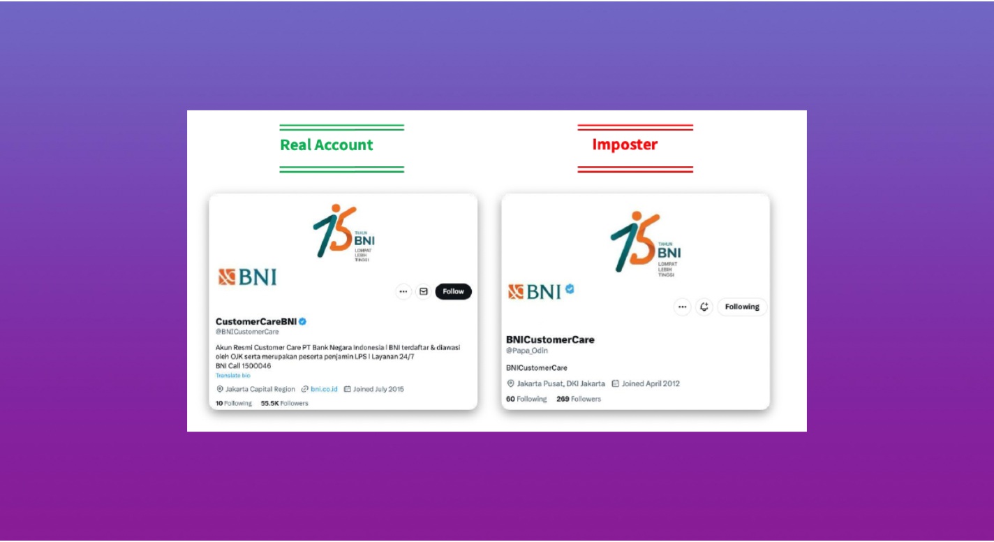 Comparison of Bank Negara Indonesia genuine customer care Twitter profile and a fake impersonator account, with green and red headers marking real versus imposter