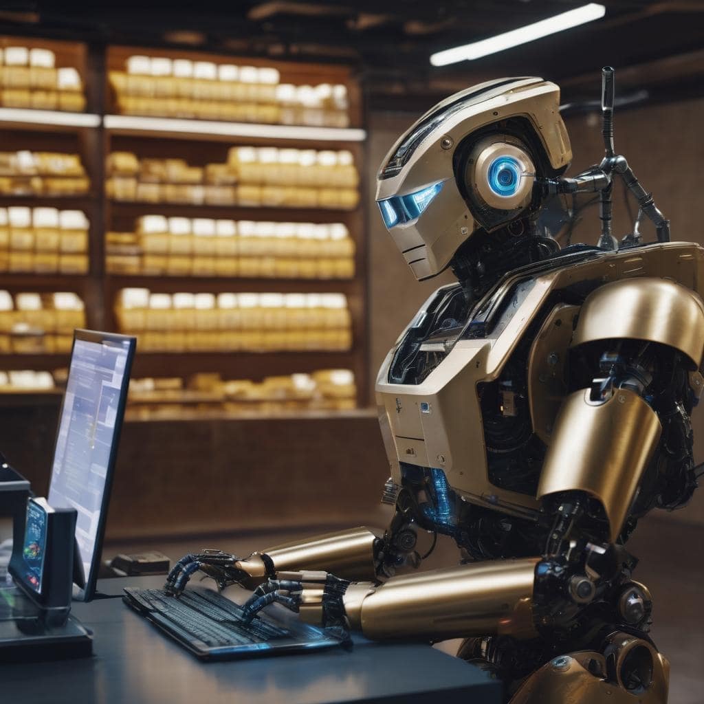 Futuristic humanoid robot typing at a computer in a room lined with gold bars, illustrating automated impersonation of a bank