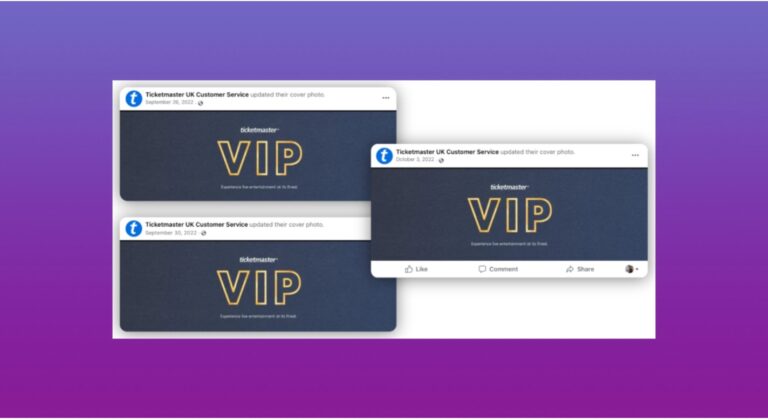 Three Facebook cover photo updates from a Ticketmaster UK Customer Service page displaying a navy background with prominent gold text reading VIP