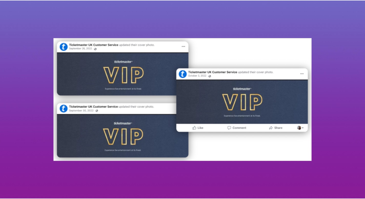 Three Facebook cover photo updates from a Ticketmaster UK Customer Service page displaying a navy background with prominent gold text reading VIP
