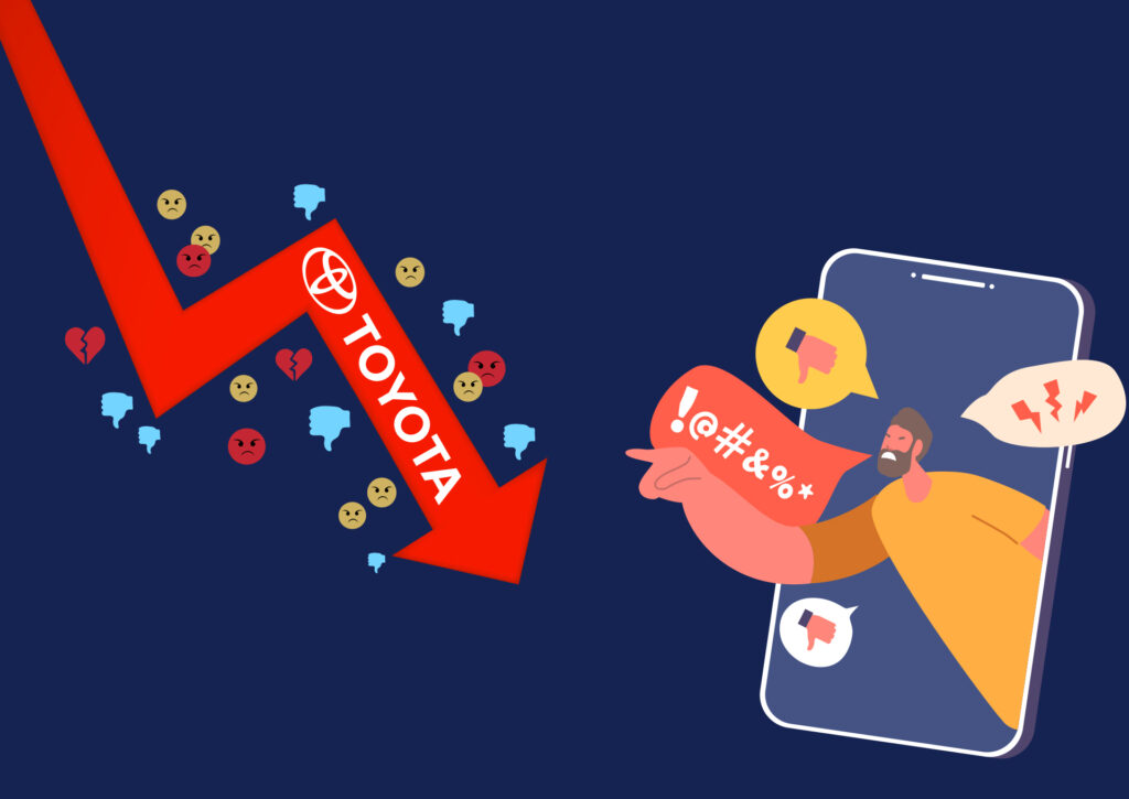 Red downward arrow branded Toyota surrounded by angry and sad emojis while a man extends from a smartphone yelling and giving thumbs-down, symbolizing insider threats and reputational decline
