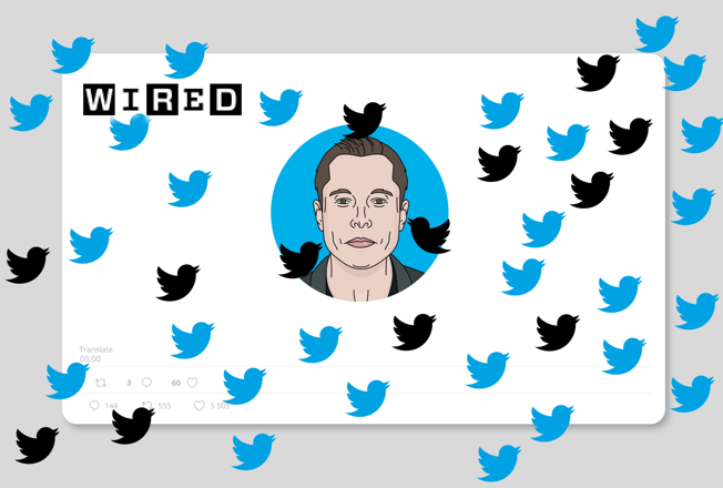 Illustration of a man’s face inside a blue circle on a WIRED article mock-up, surrounded by numerous blue and black Twitter bird icons on a gray background