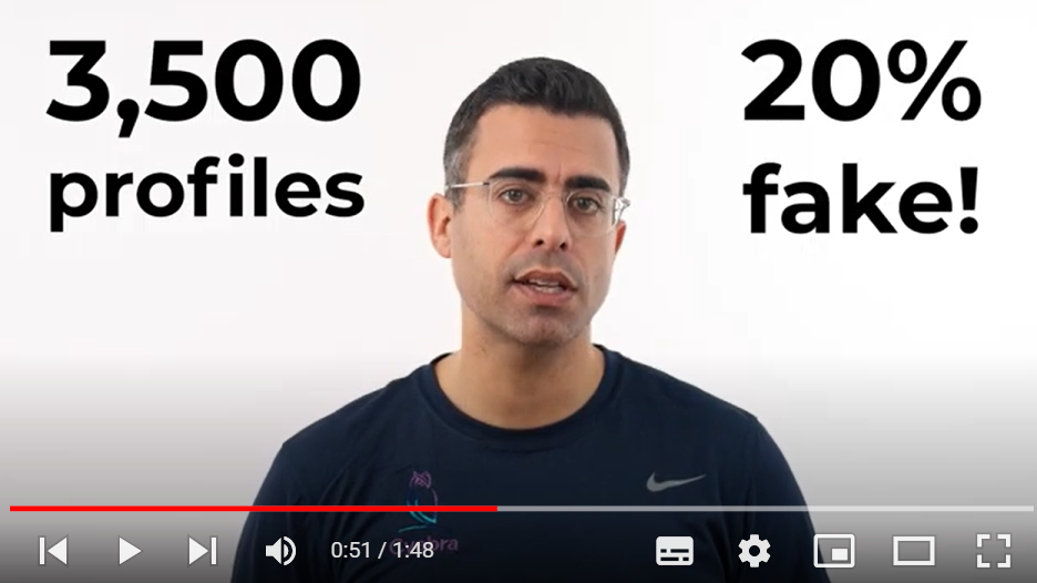 Presenter explaining Cyabra’s study showing text reading 3,500 profiles and 20% fake