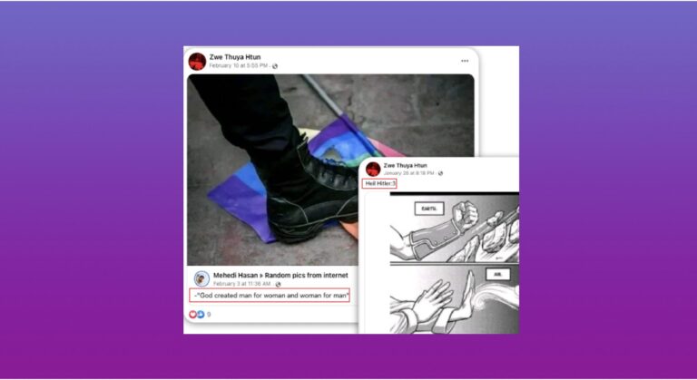 Composite Facebook screenshots: one shows a black boot trampling a rainbow pride flag with a comment claiming God created only men and women; the other displays a post including the phrase 'Heil Hitler', highlighting online hateful content