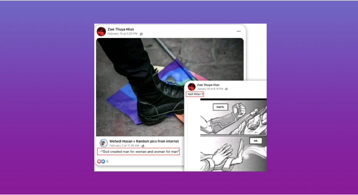 Composite Facebook screenshots: one shows a black boot trampling a rainbow pride flag with a comment claiming God created only men and women; the other displays a post including the phrase 'Heil Hitler', highlighting online hateful content
