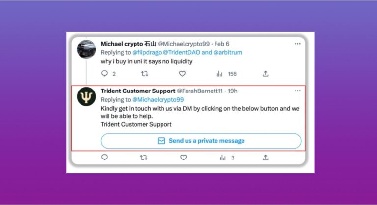 Tweet showing a user asking about TridentDAO liquidity and a suspicious Trident Customer Support account urging them to send a private message, exemplifying a social-media impersonation scam