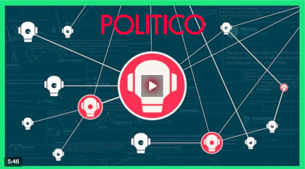 Politico logo atop a dark blue illustration featuring a central red headset icon linked by lines to several smaller white headset icons