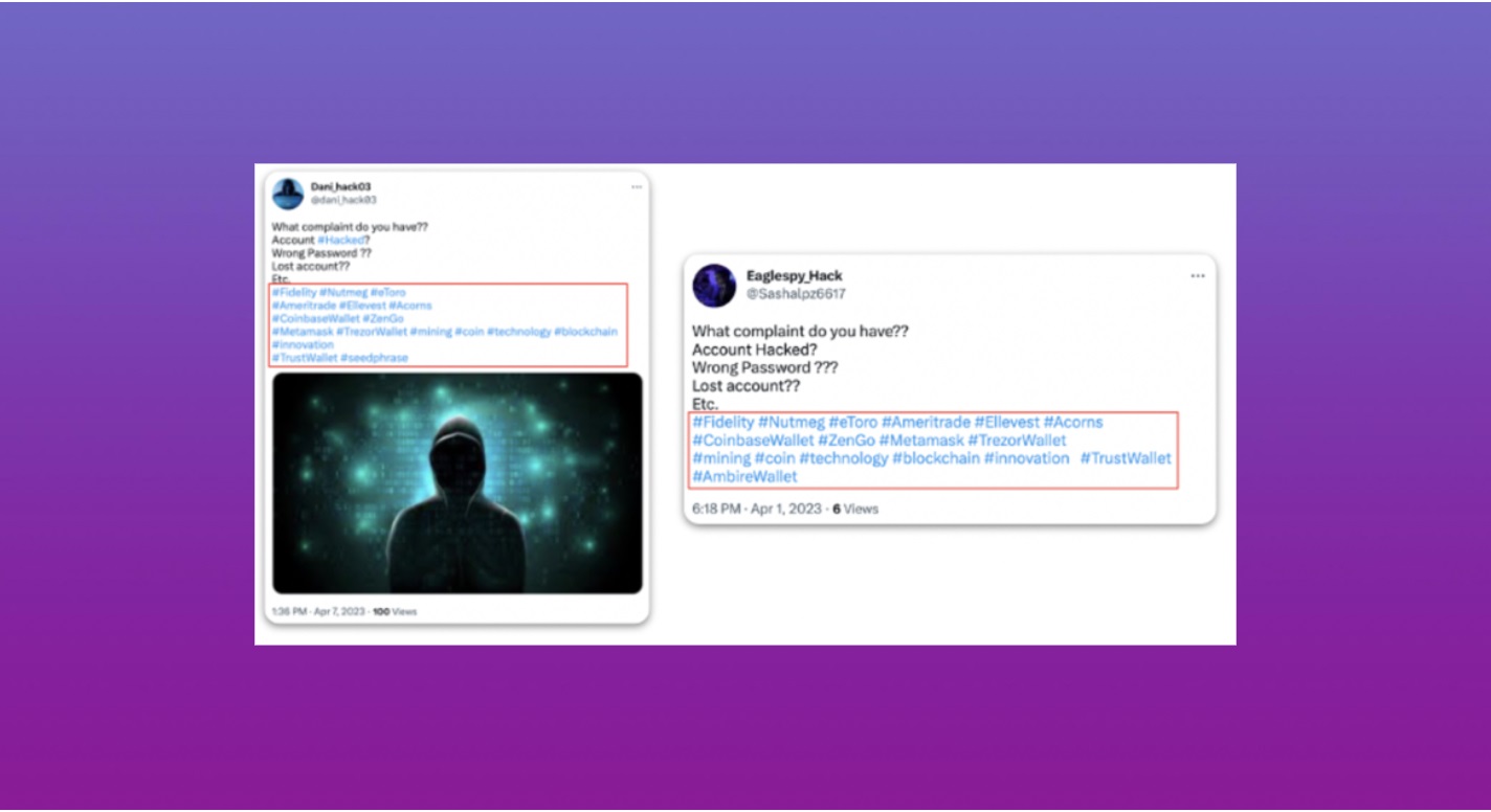 Two nearly identical phishing tweets from supposed hacker accounts offering help with hacked trading or crypto-wallet accounts, shown side by side on a purple gradient background with repeated branded hashtags highlighted