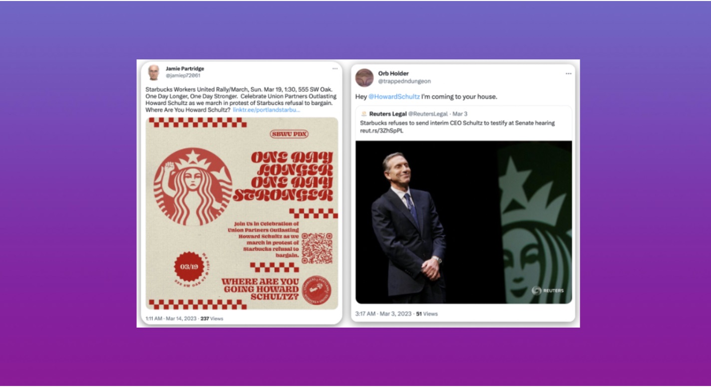 Side-by-side tweets about Starbucks labor disputes, left displaying a rally poster reading “One day longer, one day stronger” with the Starbucks siren logo, right showing a Reuters image of former CEO Howard Schultz standing before a large Starbucks emblem