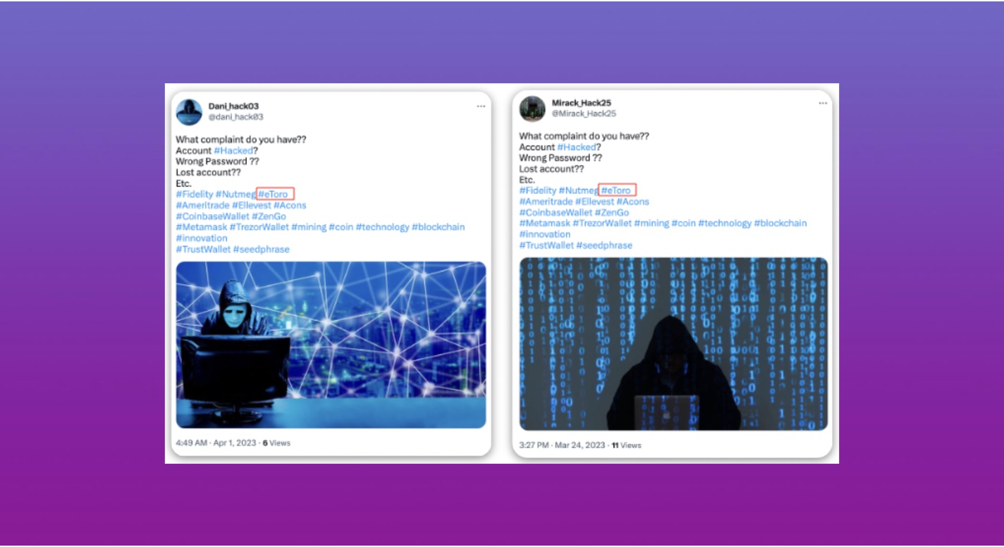 Two side-by-side tweets from look-alike hacker accounts offering to fix hacked or lost financial wallets, each tweet accompanied by a hooded hacker image and hashtags including #eToro