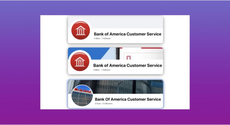 Three impersonated “Bank of America Customer Service” social-media pages shown side by side, illustrating how fraudsters replicate the brand