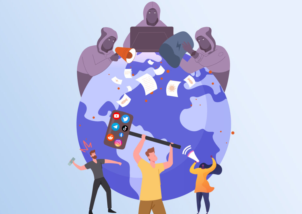 Illustration of hooded hackers manipulating global information while citizens combat fake news with megaphone and oversized smartphone showing social media icons
