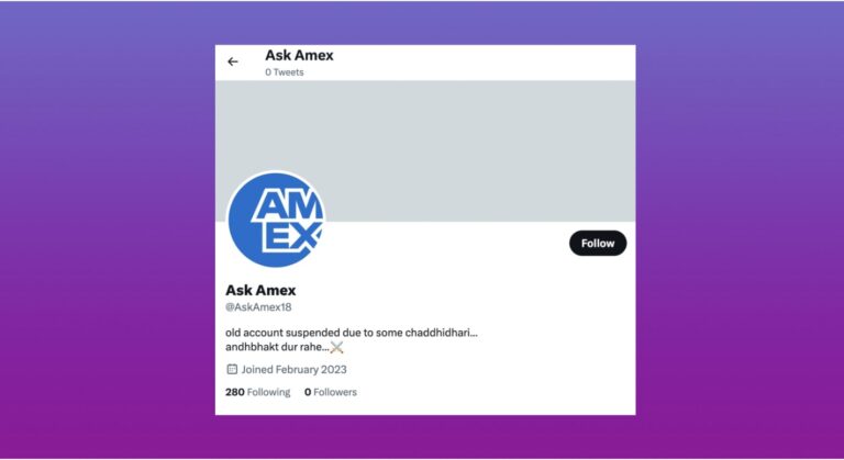 Twitter profile impersonating American Express titled Ask Amex, featuring the AMEX logo, zero tweets, and a bio claiming the old account was suspended