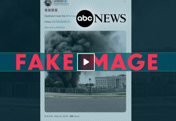 Graphic displaying a social media post of smoke near a building, overlaid with bold text reading FAKE IMAGE and featuring ABC News branding