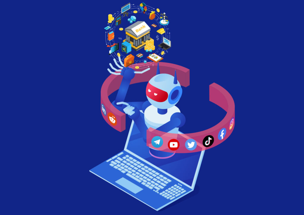 Robot emerging from a laptop uses social media icons to spread bank-related data, symbolizing bad actors targeting the finance sector online