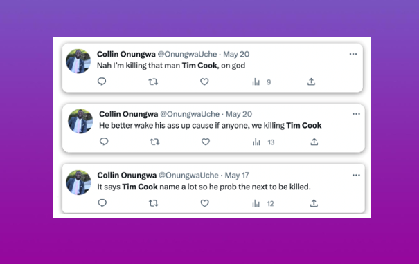 Series of tweets from user @OnungwaUche making violent threats against Apple CEO Tim Cook, stating intentions to kill him