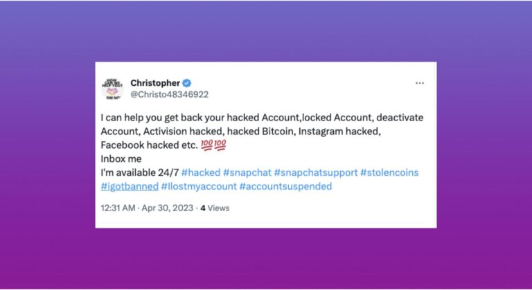 Tweet by a verified user named Christopher promising 24/7 help to recover hacked or locked Activision, Snapchat, Instagram, Facebook and Bitcoin accounts, urging people to inbox him and using hashtags such as #hacked and #snapchatsupport