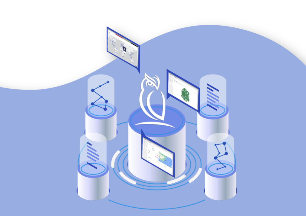 Isometric graphic of Cyabra owl logo at the center of cylindrical data pillars with graphs and analytics dashboards, symbolizing enhanced intelligence and new platform capabilities