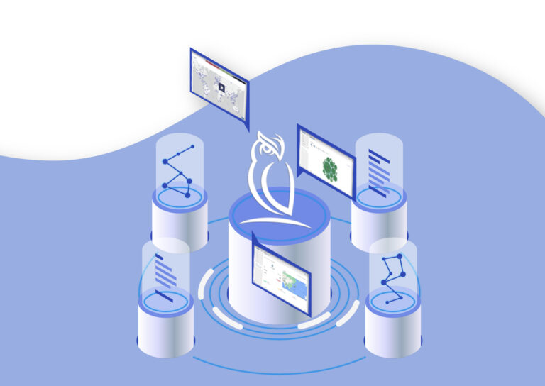 Isometric graphic of Cyabra owl logo at the center of cylindrical data pillars with graphs and analytics dashboards, symbolizing enhanced intelligence and new platform capabilities