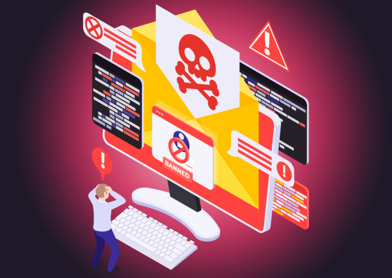 Illustration representing hacking-as-a-service attack on an online trading platform, showing a computer screen with malware skull icon, code snippets, warning symbols, and a distressed user