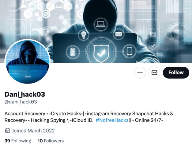 Twitter profile for 'Dani_hack03' advertising hacking services including account recovery, crypto hacks, and social media spying, with a header image of a hooded figure using a laptop amid digital security icons