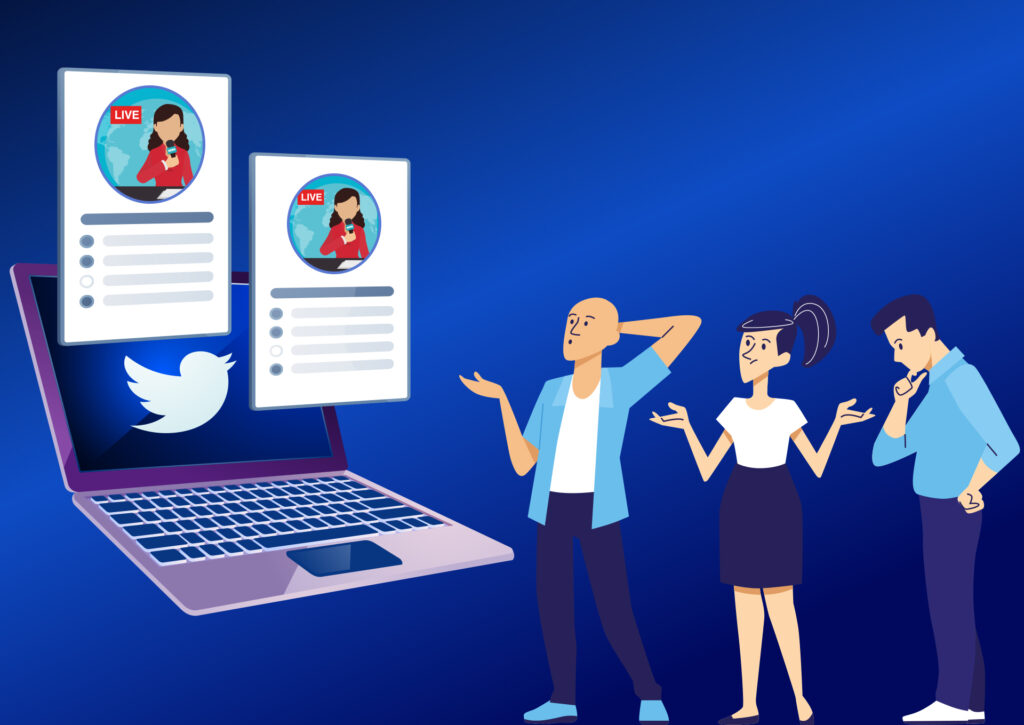 Confused people reacting to duplicate live journalist profiles emerging from a laptop displaying the Twitter logo, symbolizing social media impersonation