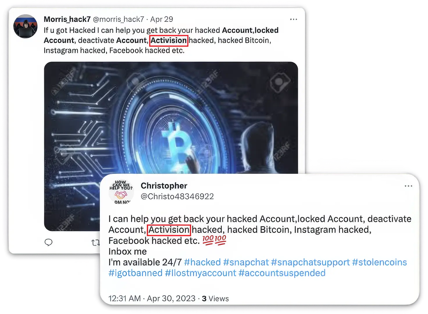 Two tweets from dubious accounts offering to recover hacked Activision, Bitcoin, Instagram, and Facebook accounts, accompanied by a hacker-themed graphic with a glowing Bitcoin symbol