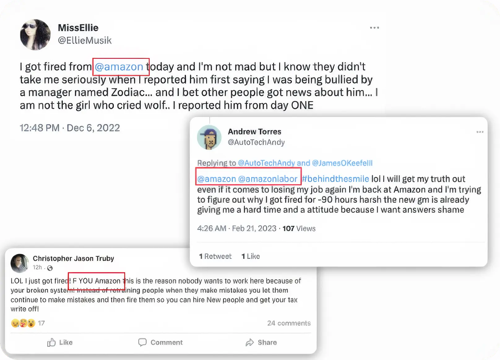 Tweets and a Facebook post from individuals claiming they were fired by Amazon and expressing frustration toward the company