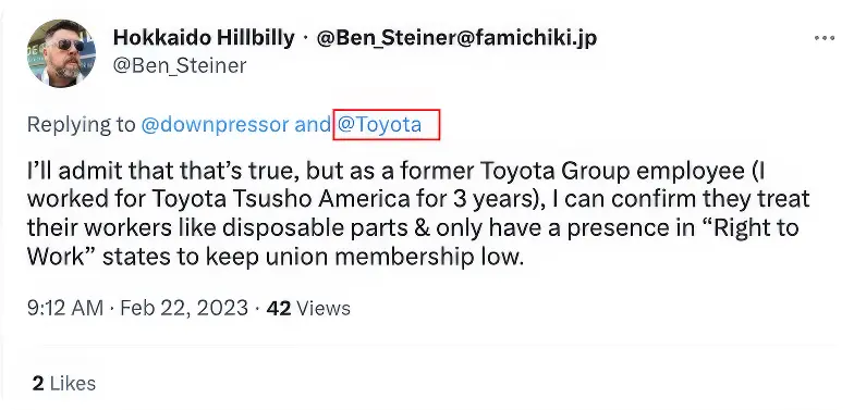 Tweet by a self-described former Toyota Group employee stating the company treats workers like disposable parts and operates in Right-to-Work states to keep union membership low