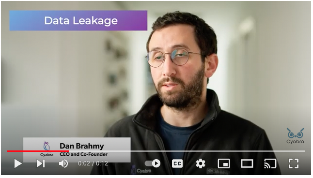 Video still with a Cyabra speaker discussing data leakage, displaying the title 'Data Leakage' in a gradient banner and video playback controls at the bottom