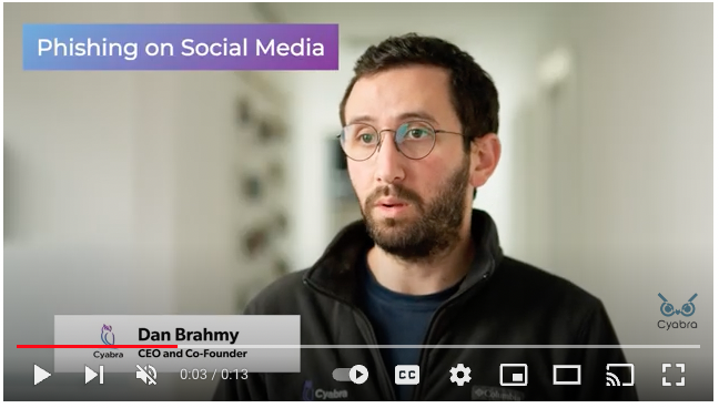 Cyabra representative explaining phishing threats on social media in a video still