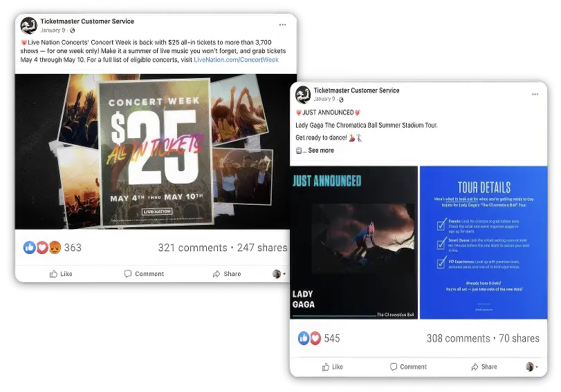 Side-by-side Facebook mock-ups from a Ticketmaster Customer Service account, one advertising $25 Concert Week tickets and the other announcing Lady Gaga’s Chromatica Ball stadium tour, with visible reactions, comments and shares beneath each post