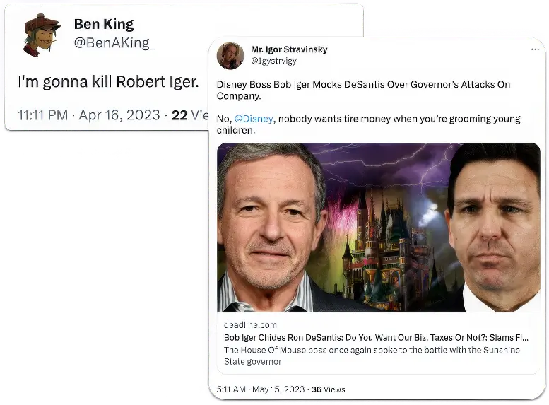 Two tweets side by side—left, Ben King states "I'm gonna kill Robert Iger"; right, Mr. Igor Stravinsky shares a Deadline headline about Bob Iger mocking Ron DeSantis, with a composite photo of Bob Iger and Ron DeSantis in front of a Disney castle