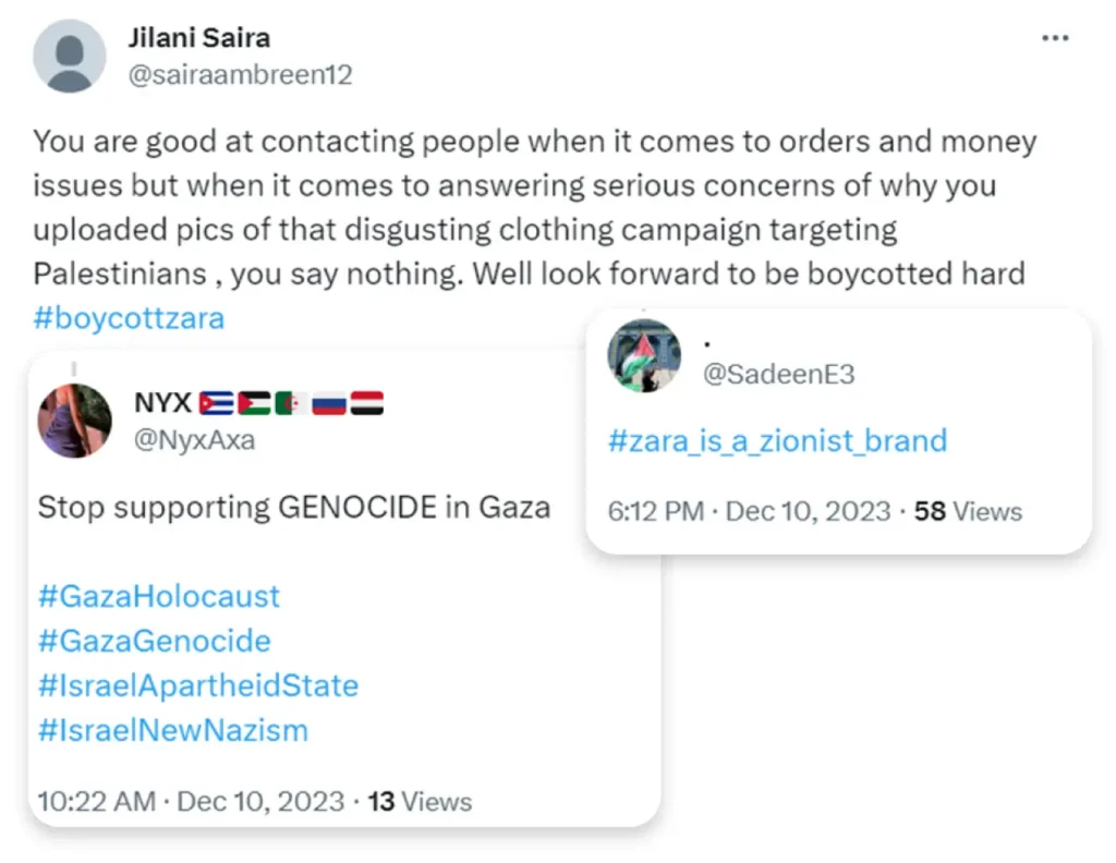 Three tweets criticizing Zara and urging a boycott, referencing Gaza genocide and hashtags such as #boycottzara, #GazaGenocide, and #zara_is_a_zionist_brand