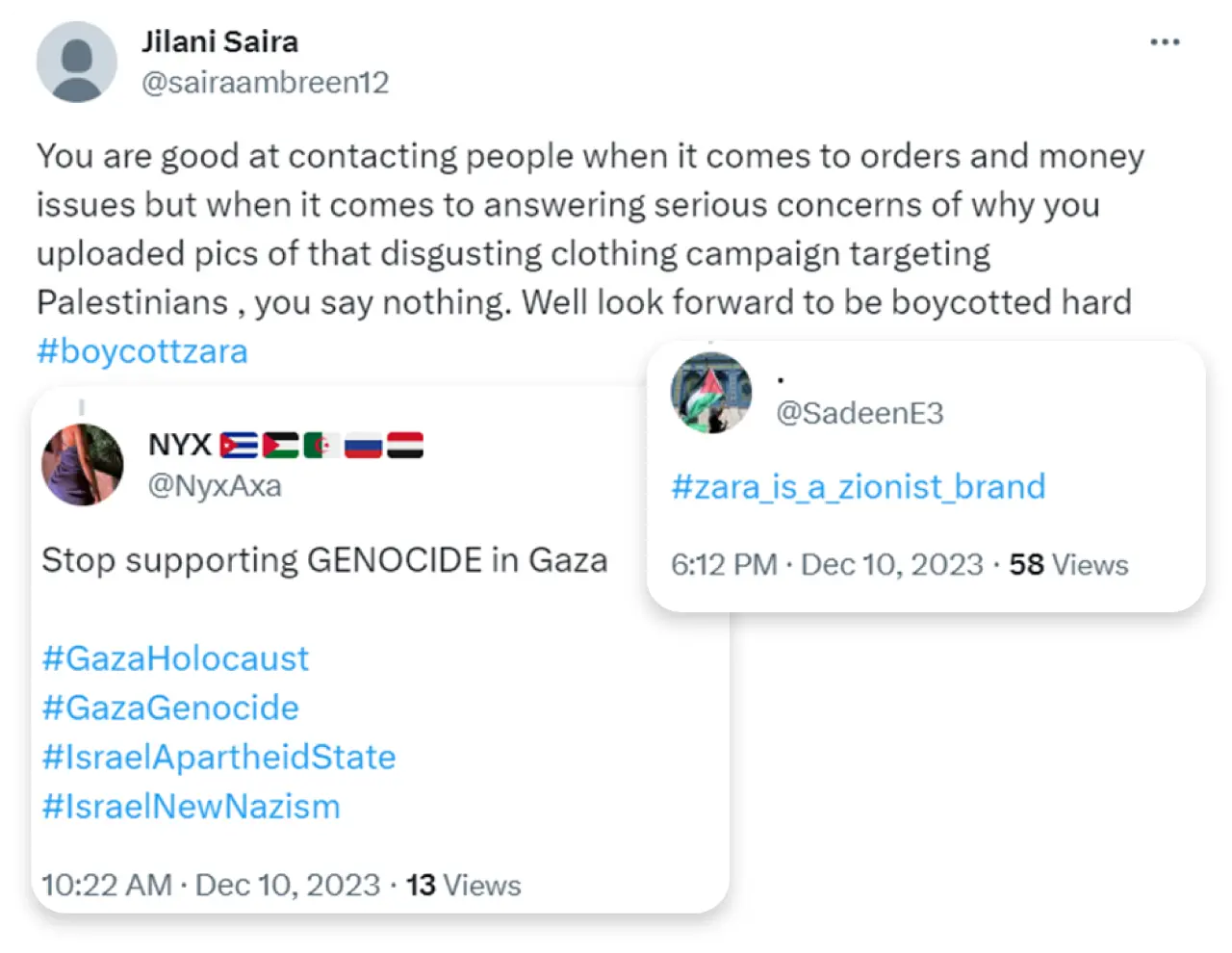 Three tweets criticizing Zara and urging a boycott, referencing Gaza genocide and hashtags such as #boycottzara, #GazaGenocide, and #zara_is_a_zionist_brand